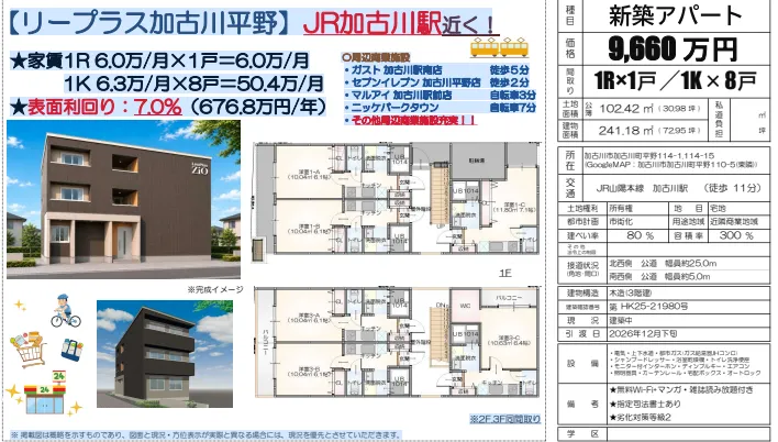 リープラス加古川平野　9660万円　新築アパート　1R×1戸　1K×8戸